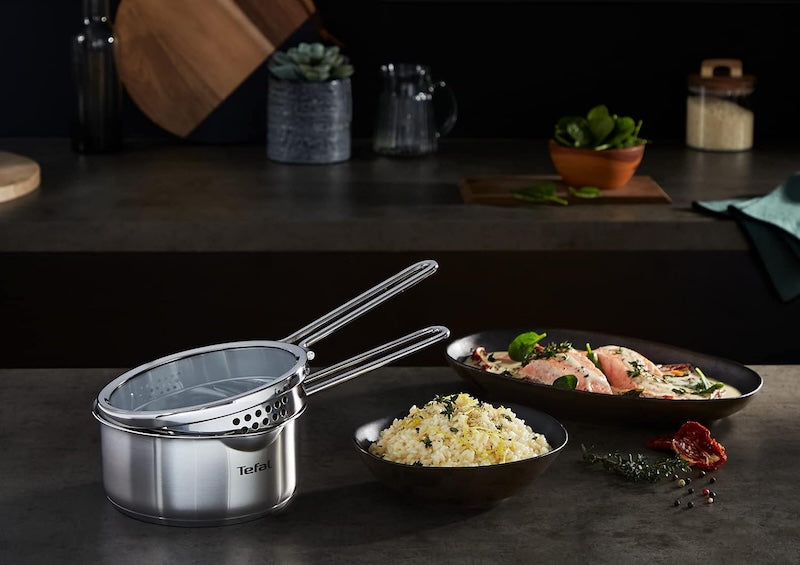 Tefal Nordica — 8 dalių nerūdijančio plieno puodų rinkinys su stikliniais dangčiais