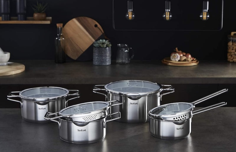 Tefal Nordica — 8 dalių nerūdijančio plieno puodų rinkinys su stikliniais dangčiais